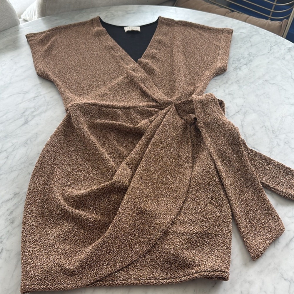 Sezane Brown-Gold Kerin Wrap Mini Dress